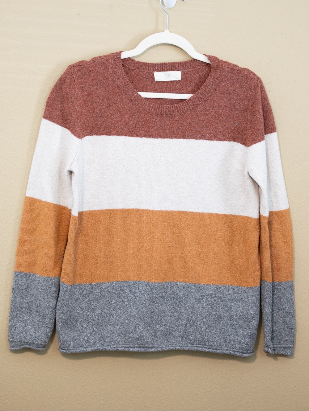 Color Block Sweater Rust White Mustard Gray Knit Pullover